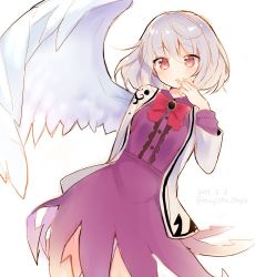 Rule 34 | 1girl, 2017, bow, bowtie, brooch, contrapposto, cowboy shot, dated, dress, feathered wings, hair between eyes, jacket, jewelry, kishin sagume, leaning to the side, long sleeves, looking at viewer, mugicha (mugicha0929), one-hour drawing challenge, open mouth, purple dress, red bow, red bowtie, red eyes, short dress, short hair, silver hair, single wing, solo, standing, thighs, touhou, twitter username, white background, white jacket, white wings, wings