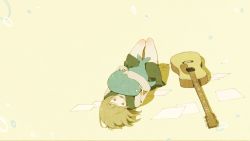 Rule 34 | 1girl, black skirt, blush, brown hair, east sha2, guitar, holding, holding stuffed toy, instrument, knees up, long hair, long sleeves, lying, no nose, on back, original, paper, shadow, skirt, solo, stuffed animal, stuffed toy, whale, yellow background