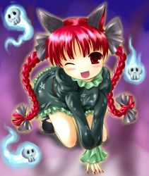 Rule 34 | 1girl, all fours, animal ears, bad id, bad pixiv id, braid, cat ears, cat girl, female focus, full body, futakabe, gradient background, highres, kaenbyou rin, long hair, one eye closed, red hair, skull, solo, touhou, twin braids, twintails, wink