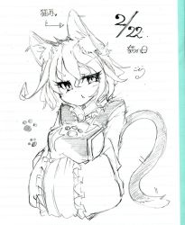 Rule 34 | 1girl, animal ears, arrow (symbol), cat ears, cat tail, dated, eyelashes, goku (acoloredpencil), gokuu (acoloredpencil), hands in opposite sleeves, heart, highres, looking at viewer, monochrome, no headwear, no headwear, paw print, scan, short hair, sketch, solo, tabard, tail, touhou, traditional media, triangle mouth, wide sleeves, yakumo ran