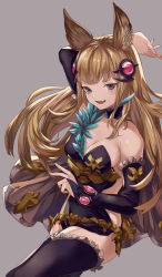 Rule 34 | 10s, 1girl, animal ears, arm up, bare shoulders, black thighhighs, breasts, bridal gauntlets, brown hair, cleavage, eredhen, erune, fang, frilled gloves, frilled thighhighs, frills, gloves, granblue fantasy, grey background, grey eyes, hair ornament, leotard, long hair, looking at viewer, medium breasts, metera (granblue fantasy), open mouth, smile, solo, thighhighs, very long hair, zettai ryouiki