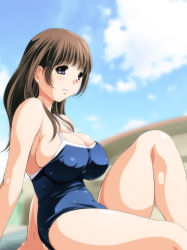 Rule 34 | 1girl, anegasaki nene, breasts, brown eyes, brown hair, bursting breasts, competition school swimsuit, day, covered erect nipples, kantori, large breasts, love plus, mole, mole under eye, one-piece swimsuit, school swimsuit, sitting, skindentation, solo, swimsuit