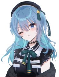 Rule 34 | 1girl, black choker, black hat, blue bow, blue eyes, blue hair, bow, breasts, choker, eyebrows hidden by hair, gradient hair, hair ornament, hat, highres, hololive, hoshimachi suisei, hoshimachi suisei (streetwear), light blush, long hair, looking at viewer, maguro (minase1684), medium breasts, multicolored hair, off-shoulder jacket, off shoulder, official alternate costume, one eye closed, short sidetail, smile, solo, star (symbol), star hair ornament, virtual youtuber