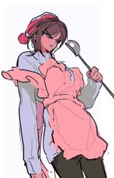 Rule 34 | 1girl, apron, black pants, brown eyes, brown hair, cowboy shot, holding, holding ladle, huyj cl, ladle, limbus company, long sleeves, outis (project moon), pants, pink apron, project moon, short hair, simple background, solo, sweater, white background, white sweater