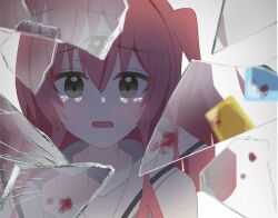 Rule 34 | 1girl, app filter, blood, blood on clothes, blood on glass, bocchi the rock!, broken glass, cube hair ornament, glass, glass shards, green eyes, hair ornament, highres, kita ikuyo, koma rkgknote, looking at viewer, open mouth, red hair, reflection, school uniform, shuka high school uniform, tearing up, tears