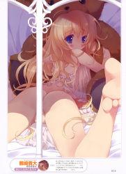 Rule 34 | 1girl, absurdres, ass, barefoot, bed, blonde hair, blue eyes, blush, breasts, censored, convenient censoring, feet, highres, image sample, large breasts, lingerie, long hair, looking back, lying, no panties, on stomach, see-through, solo, stuffed animal, stuffed toy, teddy bear, tsurusaki takahiro, underwear, very long hair