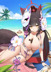 Rule 34 | 1girl, absurdres, animal ears, bare shoulders, beach, between breasts, bikini, bikini pull, blue archive, blue sky, bracelet, breasts, cleavage, closed mouth, clothes pull, cloud, cloudy sky, colored inner hair, commentary request, flower, fox ears, fox girl, fox mask, fox tail, halo, hape, highres, horizon, jewelry, large breasts, looking at viewer, mask, mask on head, multicolored hair, ocean, official alternate costume, palm tree, pearl bracelet, pulling own clothes, purple flower, red hair, red halo, sitting, sky, solo, swimsuit, tail, tree, wakamo (blue archive), wakamo (swimsuit) (blue archive), white bikini, white flower, yellow eyes, yokozuwari