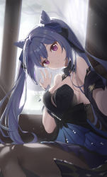 Rule 34 | 1girl, against glass, bare shoulders, beads, black pantyhose, blurry, bow, breasts, choker, cleavage, commentary request, cone hair bun, depth of field, double bun, dress, genshin impact, hair beads, hair between eyes, hair bow, hair bun, hair ornament, hair ribbon, head tilt, highres, keqing (genshin impact), keqing (opulent splendor) (genshin impact), large breasts, long hair, looking at viewer, medium breasts, official alternate costume, pantyhose, parted lips, purple eyes, purple hair, ribbon, sheng zhidou, short sleeves, sidelocks, smile, solo, strapless, strapless dress, twintails, window