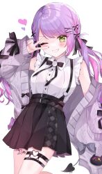 Rule 34 | 1girl, belt, black belt, black bow, black bowtie, black skirt, blush, bow, bowtie, cardigan, commentary, cowboy shot, demon girl, demon tail, green eyes, grey sweater, hair ornament, hairpin, heart, highres, hololive, long hair, looking at viewer, multicolored hair, nail polish, o-ring, o-ring thigh strap, one eye closed, open cardigan, open clothes, open mouth, pink hair, pleated skirt, purple bow, purple hair, purple nails, shain, shirt, simple background, skirt, sleeveless, sleeveless shirt, sleeves past wrists, smile, solo, standing, suspender skirt, suspenders, sweater, tail, thigh strap, tokoyami towa, tokoyami towa (jirai kei), two-tone hair, v, virtual youtuber, white background, white shirt