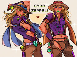 Rule 34 | 1boy, absurdres, artist name, blonde hair, chaps, character name, commentary, cowboy hat, english commentary, facial hair, goggles, goggles on headwear, green eyes, green lips, green nails, gyro zeppeli, hat, heart, highres, holster, huyandere, jojo no kimyou na bouken, leotard, leotard under clothes, long hair, male focus, male swimwear, polo shirt, purple leotard, purple skirt, signature, skirt, steel ball (jojo), steel ball run, swim briefs