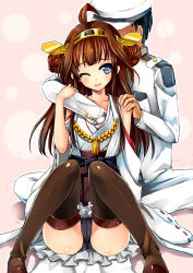 Rule 34 | 10s, 1boy, 1girl, admiral (kancolle), black panties, blue eyes, blush, boots, brown hair, japanese clothes, kantai collection, kongou (kancolle), long hair, one eye closed, panties, personification, pochadon, thigh boots, thighhighs, underwear, wink