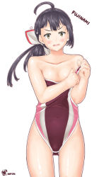 Rule 34 | 1girl, absurdres, ahoge, asymmetrical bangs, bare shoulders, black hair, brown one-piece swimsuit, character name, clothes pull, collarbone, competition swimsuit, cowboy shot, flat chest, fujinami (kancolle), gluteal fold, hair ribbon, highres, kantai collection, long hair, looking at viewer, notchi, one-piece swimsuit, one-piece swimsuit pull, ribbon, side ponytail, simple background, solo, surprised, swimsuit, white background, white ribbon, yellow eyes