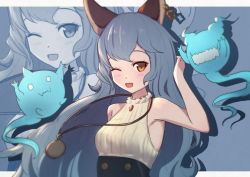 Rule 34 | 1girl, ;d, animal ears, armpits, bare arms, bare shoulders, blush, breasts, brown eyes, ear piercing, erune, eyebrows hidden by hair, ferry (granblue fantasy), fugee (granblue fantasy), granblue fantasy, grey background, grey hair, long hair, looking at viewer, medallion, nicola (granblue fantasy), one eye closed, open mouth, piercing, shirt, sleeveless, sleeveless shirt, small breasts, smile, solo, two-tone background, uneg, upper body, white shirt, zoom layer