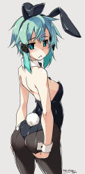 Rule 34 | 1girl, :&lt;, animal ears, aqua eyes, aqua hair, ass, bare shoulders, black leotard, black pantyhose, breasts, commentary request, dated, detached collar, fake animal ears, fake tail, from behind, grey background, hair ornament, hairclip, hand on own ass, highres, leotard, looking at viewer, looking back, medium breasts, pantyhose, playboy bunny, rabbit ears, rabbit tail, shikei, short hair, signature, simple background, sinon, solo, standing, strapless, strapless leotard, sword art online, tail, wrist cuffs