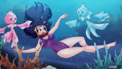 Rule 34 | 1girl, @ @, animal, barefoot, black hair, blush, breasts, bubble, cleavage, cleavage cutout, clothing cutout, coral, creatures (company), dakunart, diving mask, frillish, frillish (female), frillish (male), game freak, gen 5 pokemon, goggles, hex maniac (pokemon), highres, jellyfish, large breasts, long hair, looking up, nintendo, one-piece swimsuit, open mouth, pokemon, pokemon (creature), pokemon xy, purple eyes, purple one-piece swimsuit, smile, swimming, swimsuit, underwater