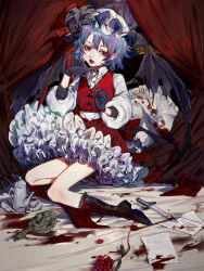 Rule 34 | 1girl, alternate costume, bat wings, bed, bed sheet, black flower, black footwear, black gloves, blood, blood on clothes, boots, bow, cross-laced footwear, cup, curtains, flower, frills, full body, gloves, hair flower, hair ornament, hand mirror, hat, hat ribbon, highres, knife, lace-up boots, lipstick, long sleeves, looking at viewer, makeup, mirror, mob cap, painting (action), portrait, portrait (object), puffy long sleeves, puffy sleeves, red eyes, red lips, remilia scarlet, ribbon, shirt, short hair, skirt, skirt set, solo, tea set, teacup, teapot, tian (my dear), touhou, wings
