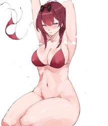 Rule 34 | 1girl, absurdres, armpits, arms up, bare shoulders, bikini, bikini top only, blush, bottomless, commentary, english commentary, eyewear on head, highres, honkai: star rail, honkai (series), kafka (honkai: star rail), long hair, looking at viewer, navel, nose blush, purple eyes, purple hair, red bikini, sitting, smile, smurtz, solo, stomach, sunglasses, swimsuit, thighs