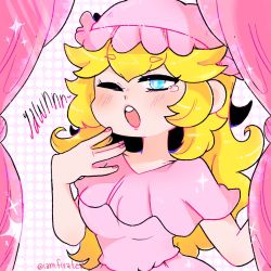 Rule 34 | 1girl, :0, artist name, blonde hair, blue eyes, blush, breasts, bright pupils, collarbone, curtains, dotted background, dress, english text, eyelashes, hand up, hat, highres, iamfixated, long hair, mario (series), medium breasts, mob cap, nail polish, nintendo, official alternate costume, one eye closed, open mouth, pink background, pink curtains, pink dress, pink lips, pink nails, princess peach, short sleeves, silhouette, sleepwear, sleepy, sparkle, super mario bros. 1, tearing up, teeth, thick eyebrows, twitter username, upper teeth only, white background, white pupils, yawning