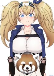 Rule 34 | 1girl, animal, blonde hair, blue eyes, blush, breasts, cleavage, closed mouth, collarbone, cypress, gambier bay (kancolle), gambier bay mk ii (kancolle), hair between eyes, kantai collection, large breasts, long hair, red panda, simple background, solo, tanuki, twintails, twitter username, upper body, white background
