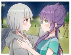 Rule 34 | 2girls, absurdres, blush, bob cut, border, breasts, colored inner hair, commentary request, eye contact, green eyes, green shirt, grey hair, grey jacket, hair ornament, hand on another&#039;s head, hand on another&#039;s shoulder, highres, hood, hooded jacket, in-universe location, inverted bob, iroha (nami3), jacket, lamppost, link! like! love live!, lone nape hair, long hair, long sleeves, looking at another, love live!, medium breasts, multicolored hair, multiple girls, night, night sky, open clothes, open jacket, otomune kozue, outside border, purple hair, purple tank top, red eyes, red hair, scene reference, shirt, short hair, short sleeves, side ponytail, sidelocks, sky, smile, star (sky), star (symbol), star hair ornament, starry sky, streaked hair, tank top, virtual youtuber, white border, white shirt, yugiri tsuzuri