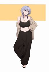 Rule 34 | 1girl, absurdres, baggy pants, bow, braid, breasts, cardigan, cleavage, crop top, green bow, grey hair, highres, izayoi sakuya, large breasts, midriff, navel, open cardigan, open clothes, pants, sandals, solo, sweater, touhou, twin braids, umisaki
