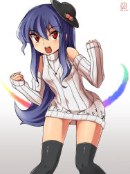 Rule 34 | &gt;:d, 1girl, :d, alternate costume, bent over, black thighhighs, blue hair, blush, covered navel, dated, detached sleeves, dress, food, fruit, gradient background, hat, highres, hinanawi tenshi, jewelry, long hair, long sleeves, looking at viewer, mini hat, necklace, open mouth, peach, red eyes, ribbed sweater, round teeth, sanagi (diohazard), sleeveless, sleeveless turtleneck, smile, solo, sweater, sweater dress, teeth, thighhighs, touhou, tsurime, turtleneck, v-shaped eyebrows, watermark, zettai ryouiki