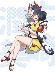 Rule 34 | 1girl, animal ears, animal print, black hair, collarbone, cow ears, cow girl, cow horns, cow print, cow tail, crop top, crossed legs, eyelashes, fingernails, frilled shirt, frilled shorts, frills, grey hair, haori, highres, horns, japanese clothes, kagari hiko, legs, multicolored hair, navel, open mouth, red eyes, red horns, red tail, sandals, shirt, shorts, sitting, solo, split-color hair, tail, tank top, toenails, toes, touhou, translation request, two-tone hair, ushizaki urumi, yellow shorts, yellow tank top