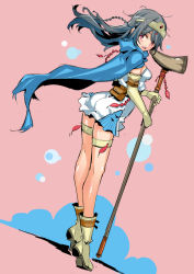 Rule 34 | 1girl, ankle boots, belt pouch, boots, cape, dragon quest, dragon quest iii, dress, elbow gloves, full body, gloves, grey hair, long hair, looking at viewer, pink eyes, pouch, sage (dq3), short dress, simple background, solo, staff, standing, tajima ryuushi, thigh strap, tiara, white dress, yellow gloves