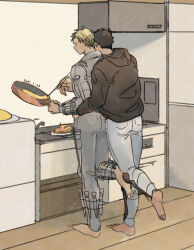 Rule 34 | 2boys, absurdres, aikawa (dorohedoro), colored tips, cooking, couple, denim, dorohedoro, facial mark, food, from behind, frying pan, full body, greyscale, head on another&#039;s shoulder, highres, holding, holding frying pan, hug, hug from behind, jeans, kitchen, male focus, medium sideburns, monochrome, multicolored hair, multiple boys, nishida (pixiv 50671594), no eyebrows, omelet, pants, risu (dorohedoro), thick eyebrows, yaoi