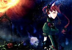 Rule 34 | 1girl, animal ears, bow, braid, bug, butterfly, cat ears, cat girl, elbow gloves, female focus, fence, flower, garden, gloves, gothic lolita, hair bow, hitodama, bug, kaenbyou rin, lolita fashion, looking at viewer, monguru (chessdog55), pointy ears, red hair, rose, skull, sky, solo, star (sky), starry sky, sun, torn clothes, touhou, twin braids, twintails, upper body