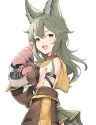 Rule 34 | 1girl, :d, absurdres, animal ears, arm strap, bad id, bad pixiv id, bare shoulders, blush, breasts, capelet, claw pose, commentary request, detached sleeves, erune, fang, from side, fur-trimmed sleeves, fur trim, granblue fantasy, green skirt, hand up, highres, koretsuki azuma, long hair, long sleeves, looking at viewer, looking to the side, medium breasts, open mouth, red eyes, sen (granblue fantasy), sideboob, simple background, skirt, smile, solo, upper body, white background, yellow capelet