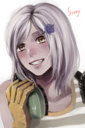 Rule 34 | 1girl, bad id, bad pixiv id, brown eyes, ear protection, face, flower, gloves, grin, hair flower, hair ornament, hairclip, headset, highres, lips, metal gear (series), metal gear rising: revengeance, noriuma, silver hair, smile, solo, sunny emmerich, tank top