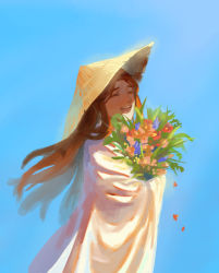 Rule 34 | 1girl, blue background, brown hair, character request, closed eyes, commentary, copyright request, english commentary, flower, from side, hat, holding, holding flower, long hair, male focus, maro (lij512), open mouth, petals, robe, simple background, smile, solo, standing, tianguan cifu, wind