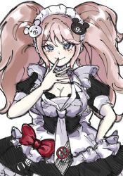 1girl bear_hair_ornament black_dress blonde_hair blush bow breasts cleavage danganronpa:_trigger_happy_havoc danganronpa_(series) dress enoshima_junko hair_ornament hand_up highres kappu_(wa_ppu) large_breasts maid_headdress necktie official_alternate_costume puffy_short_sleeves puffy_sleeves red_bow red_nails short_sleeves smile solo twintails