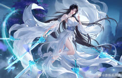 Rule 34 | 1girl, absurdres, artist request, bare legs, black hair, closed mouth, earrings, floating clothes, floating hair, flying sword, highres, holding, holding sword, holding weapon, index fingers together, jewelry, leg up, lightning, lu xueqi (zhu xian), mountain, sash, second-party source, solo, sparkle, sword, tiara, weapon, white footwear, zhu xian