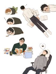 Rule 34 | 1boy, akaashi keiji, animal, animalization, bird, black hair, black pants, book, book stack, can, chengongzi123, chibi, closed eyes, coat, collared shirt, commentary, drink can, food, full body, green shirt, grey coat, haikyuu!!, highres, holding, holding book, long sleeves, lying, makizushi, male focus, manga (object), meta, monster energy, multiple views, on stomach, owl, pants, paper, reading, shirt, short hair, simple background, sitting, sleeping, socks, soda can, sushi, swivel chair, symbol-only commentary, thought bubble, unworn coat, very short hair, white background, white shirt, white socks, zzz