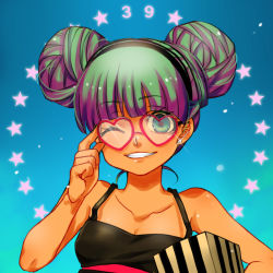 Rule 34 | 1girl, 39, adjusting eyewear, alternate hairstyle, alternate skin color, breasts, cleavage, collarbone, double bun, earrings, gift, glasses, green eyes, green hair, grin, hair bun, hairband, hatsune miku, heart, heart-shaped eyewear, heart-shaped glasses, jewelry, matching hair/eyes, mewko, small breasts, smile, solo, star (symbol), starry background, tan, tank top, upper body, vocaloid