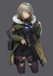 Rule 34 | 1girl, assault rifle, bandage over one eye, belt pouch, black shirt, black skirt, breasts, brown pantyhose, commentary, cropped legs, expressionless, fur trim, green jacket, grey background, grey hair, gun, gun request, highres, holding, holding gun, holding weapon, jacket, leg belt, long sleeves, looking at viewer, medium breasts, military, military uniform, miniskirt, multicolored hair, open clothes, open jacket, orange eyes, original, pantyhose, pleated skirt, pouch, rifle, scope, shirt, short hair, simple background, skirt, sl86, solo, strap, streaked hair, torn clothes, torn pantyhose, trigger discipline, uniform, weapon