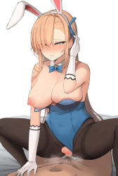 Rule 34 | 1boy, 1girl, animal ears, arm support, asuna (blue archive), asuna (bunny) (blue archive), bare shoulders, black pantyhose, blue archive, blue bow, blue bowtie, blue eyes, blue ribbon, blush, bow, bowtie, breasts, censored, clothed female nude male, clothed sex, clothing aside, cowgirl position, detached collar, erection, eyes visible through hair, fake animal ears, girl on top, gloves, hair over one eye, hair ribbon, hairband, hand up, hetero, highres, large breasts, leotard, leotard aside, light brown hair, lying, male pubic hair, mikafen, mole, mole on breast, mosaic censoring, nipples, nose blush, nude, on back, one breast out, pantyhose, penis, playboy bunny, pubic hair, rabbit ears, ribbon, sex, simple background, solo focus, squatting cowgirl position, straddling, strapless, strapless leotard, sweat, thighband pantyhose, torn clothes, torn legwear, vaginal, white background, white gloves, white hairband