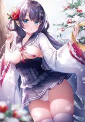 Rule 34 | 1girl, absurdres, black hair, black sailor collar, black skirt, blue eyes, blunt bangs, blush, branch, breasts, breasts out, cameltoe, censored, clothes lift, collarbone, commentary request, flower, frilled sleeves, frills, hair flower, hair ornament, hair ribbon, highres, holding neckwear, leaf, long hair, looking at viewer, mitsuba choco, original, panties, parted lips, pleated skirt, red flower, ribbon, sailor collar, school uniform, second-party source, serafuku, shirt, shirt lift, skirt, snow, solo, thighhighs, thighs, underwear, very long hair, white panties, white shirt, white thighhighs, wide sleeves, winter