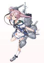 Rule 34 | 1girl, adapted costume, apron, arm up, blush, breasts, rabbit hair ornament, frilled apron, frilled skirt, frills, full body, grey eyes, hair bobbles, hair ornament, highres, kantai collection, long hair, looking at viewer, machinery, minosu, open mouth, pink hair, sailor collar, sazanami (kancolle), school uniform, serafuku, short hair, skirt, solo, turret, twintails, white apron, white legwear