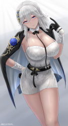 Rule 34 | 1girl, absurdres, archstreal, azur lane, black cape, black gloves, blue eyes, blush, breasts, cape, cleavage, collarbone, detached collar, dress, gloves, highres, large breasts, long hair, looking at viewer, short dress, smile, solo, thighs, washington (azur lane), washington (jubilant smile) (azur lane), white dress, white hair