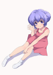 Rule 34 | 1girl, absurdres, alternate costume, alternate hairstyle, bare arms, blush, closed mouth, collarbone, commentary request, double bun, dress, dutch angle, full body, hair between eyes, hair bun, hand up, hanyuu, highres, higurashi no naku koro ni, knees together feet apart, knees up, looking at viewer, looking up, nishizuki shino, pinafore dress, pink dress, purple eyes, purple hair, simple background, sleeveless, sleeveless dress, smile, solo, tareme, waving, white background