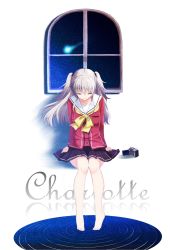 Rule 34 | 10s, 1girl, barefoot, camcorder, charlotte (anime), earphones, closed eyes, highres, long hair, school uniform, serafuku, shiime, silver hair, solo, tomori nao, twintails, two side up, video camera, window