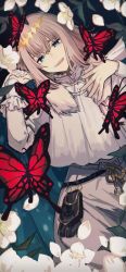 Rule 34 | 1boy, absurdres, bad id, bad pixiv id, belt, black belt, blue eyes, bug, butterfly, commentary, diamond hairband, fate/grand order, fate (series), feet out of frame, flower, frilled sleeves, frills, hand on own chest, highres, insect, light brown hair, long sleeves, looking at viewer, lying, male focus, medium hair, oberon (fate), okakasushi, on back, open mouth, pouch, red butterfly, shirt, smile, solo, symbol-only commentary, teeth, upper teeth only, white flower, white shirt