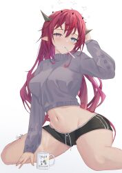 Rule 34 | 1girl, absurdres, alternate costume, bare legs, blue eyes, breasts, casual, chyraliss, crop top, cropped sweater, cup, dolphin shorts, grey sweater, hair between eyes, halo, heterochromia, highres, hololive, hololive english, horns, irys (hololive), large breasts, long hair, looking at viewer, midriff, mug, navel, pink eyes, pointy ears, purple hair, red hair, short shorts, shorts, signature, sitting, solo, sweater, thermometer, turtleneck, turtleneck sweater, very long hair, virtual youtuber, wariza