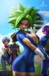 Rule 34 | 2boys, 2girls, armor, big hair, black hair, blue bodysuit, blue eyes, blue hair, blue sky, bodysuit, bulma, cabba, cameltoe, cloud, colored skin, denim, dragon ball, dragon ball super, earrings, elite nappa, gloves, grass, green hair, highres, hit (dragon ball), house, jeans, jewelry, kefla (dragon ball), looking back, looking to the side, multiple boys, multiple girls, neckerchief, open mouth, outdoors, pants, potara earrings, purple skin, red eyes, red neckerchief, serious, shiny clothes, shiny skin, shirt, short hair, short sleeves, skin tight, sky, smile, smirk, smug, spiked hair, standing, super saiyan, white gloves, white shirt
