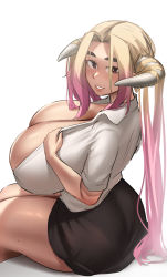 Rule 34 | 1girl, animal ears, ass, blonde hair, breasts, cleavage, cow ears, cow girl, cow horns, gradient hair, grin, hair intakes, hair on horn, highres, horns, huge breasts, lips, long hair, looking back, miniskirt, mole, mole on breast, mole on neck, mole on thigh, mole under eye, multicolored hair, open clothes, open shirt, original, pink hair, red eyes, roresu, shirt, simple background, sitting, sketch, skirt, smile, solo, symbol-only commentary, tan, thick eyebrows, thick thighs, thighs, very long hair, white background, white shirt