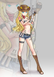 Rule 34 | 1girl, absurdres, animal print, aqua eyes, armband, bad id, bad pixiv id, bandana, barcode, barcode tattoo, belt, belt buckle, blonde hair, boots, breasts, buckle, chinese zodiac, cleavage, closed mouth, cow girl, cow print, cowboy hat, cowgirl (western), cross-laced footwear, denim, denim shorts, dynamite tomokazu, ear piercing, female focus, fingerless gloves, fingernails, full body, gloves, gun, hands up, hat, highres, knee boots, lace-up boots, large breasts, long hair, looking at viewer, multiple views, navel, piercing, red bandana, short shorts, shorts, smile, solo, standing, tattoo, thigh strap, toeless footwear, toenails, toes, wavy hair, weapon, year of the ox