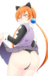 Rule 34 | 1girl, alisa southerncross, animal ears, ass, blush, clothes lift, from behind, hair bobbles, hair ornament, highres, huge ass, keroro gunsou, long hair, looking at viewer, low twintails, orange hair, red eyes, skirt, skirt lift, solo, teo (artist), thong, twintails, very long hair